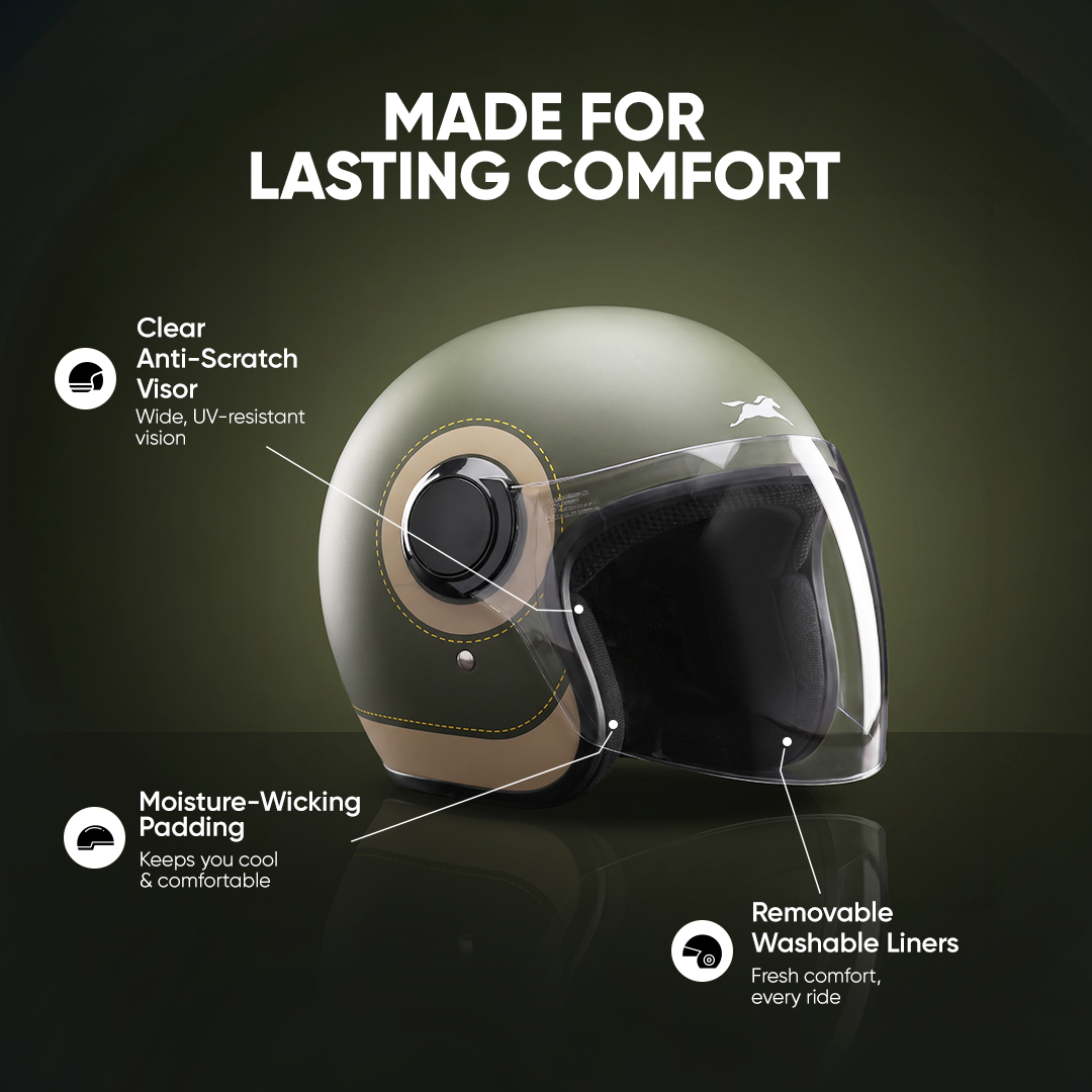 TVS Silk Route Helmet for Men & Women | Vintage Open Face Helmet with Clear Visor | ISI & DOT Certified | ABS Shell | EPS Liner | Retro Stylish Helmet for City & Highway Riding